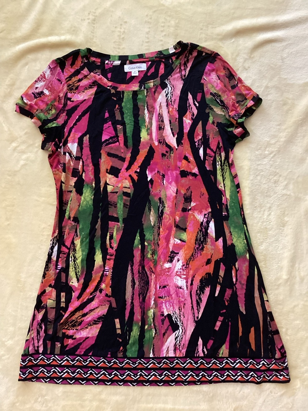 Calvin Klein Pink & Green Abstract Short Sleeve Tunic Dress